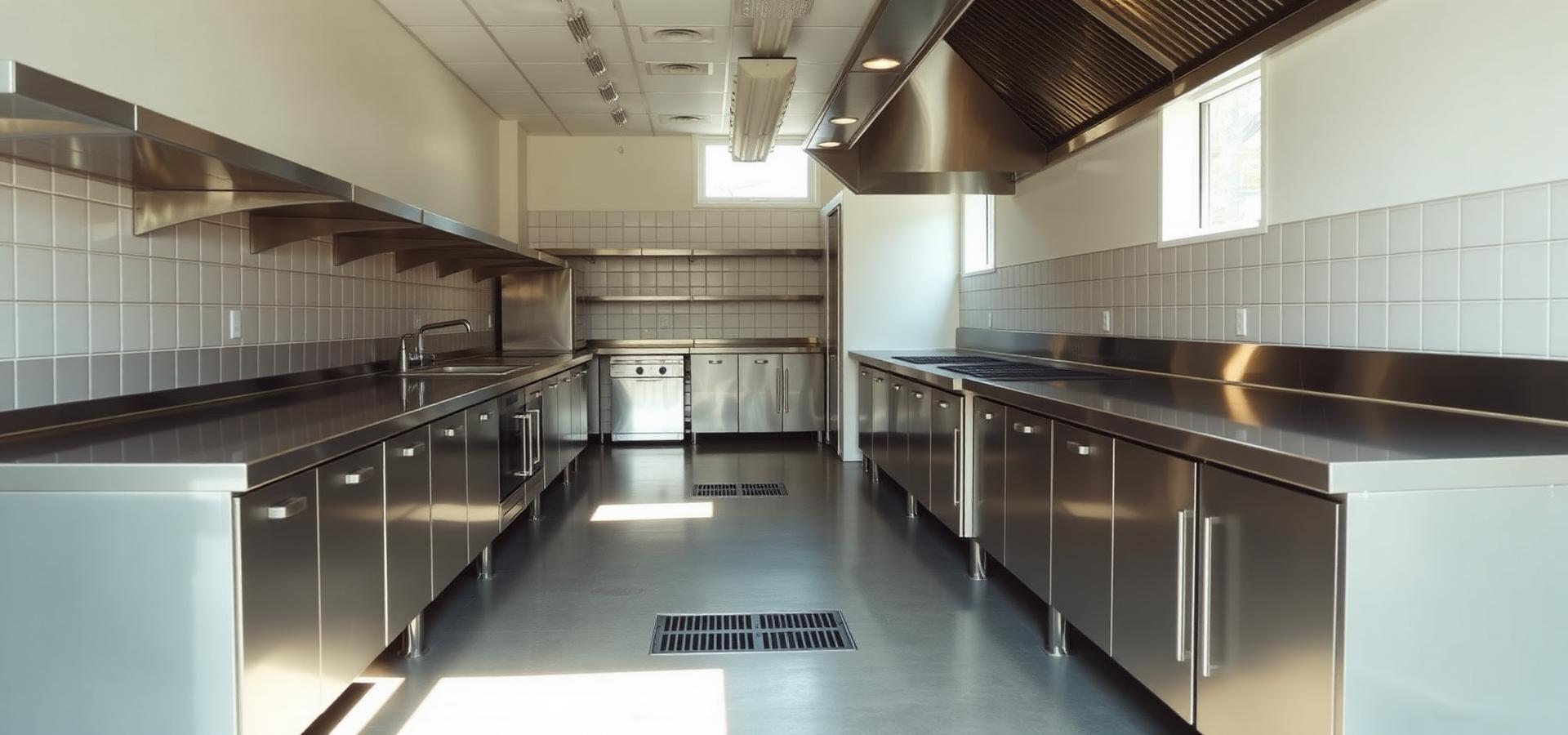 Empty commercial kitchen — stainless benches, tiled walls, floor drains and extraction hood