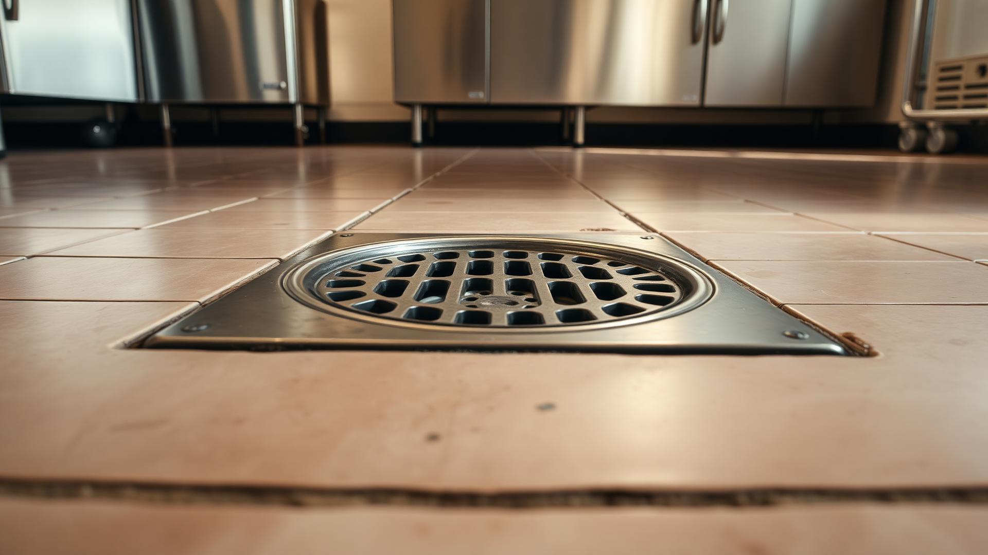 Stainless steel floor drain in a commercial kitchen with quarry tile floor