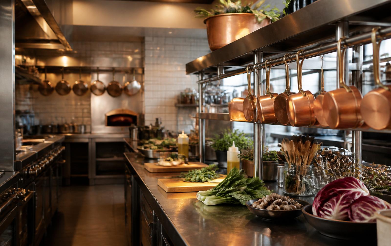 Editorial view of a premium commercial restaurant kitchen — stainless benches, copper pots and prep line in warm natural light
