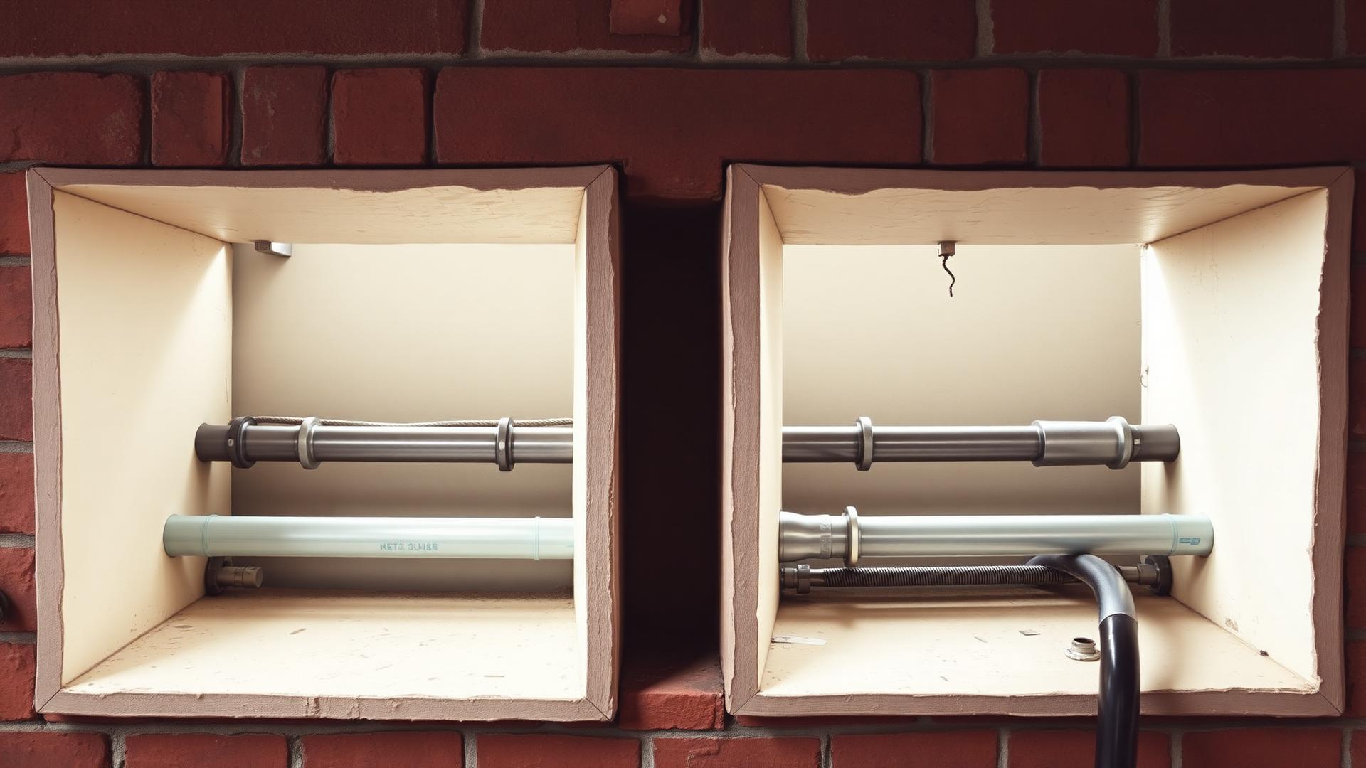 Pipe penetrations passing through a commercial brick wall — conduit and services