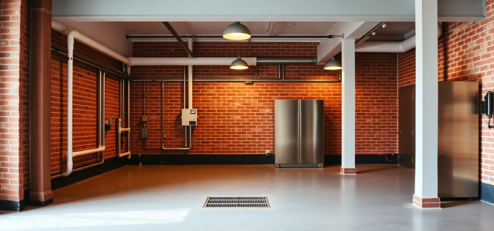 Commercial plant room — exposed brick, galvanised pipes, conduit and floor drain